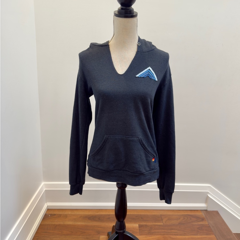 AVIATOR NATION Mountain Stripe split neck Navy Hoodie with Blue Accent